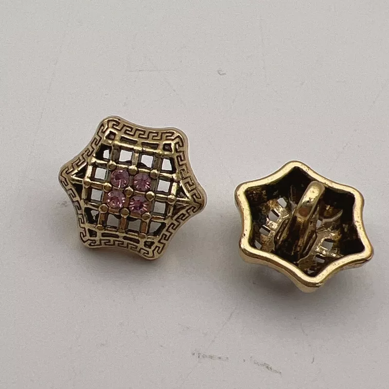 12.5mm Vintage Hexagon Colored Diamond Metal Shirt Buttons 50pcs Pink