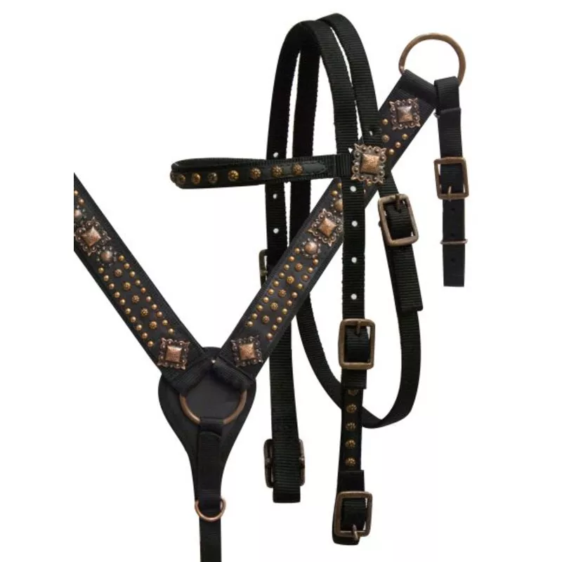 #13036: Showman Horse size nylon headstall and breast collar set withantique bronze engraved con