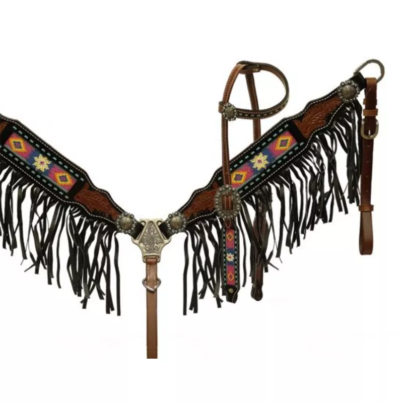 #13067: ShowmanBeaded headstall and breast collar with black fringe
