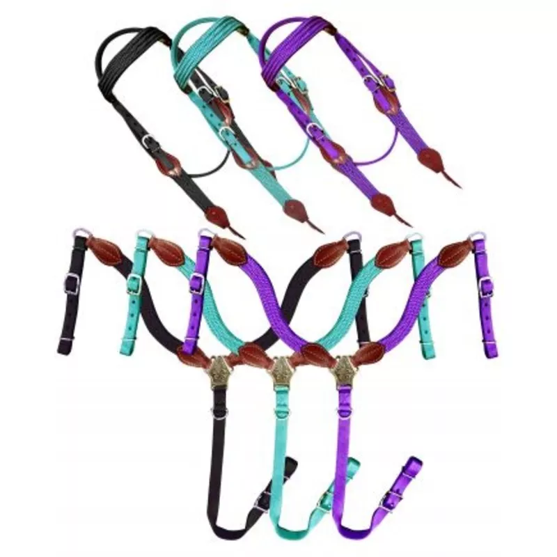#14336: ShowmanNylon Brow Band Headstall and Breast collar set with leather accents Black