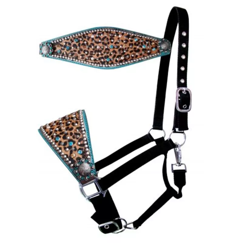 #16750: ShowmanNylon bronc halter with hair on cheetah print and accented with turquoise leather