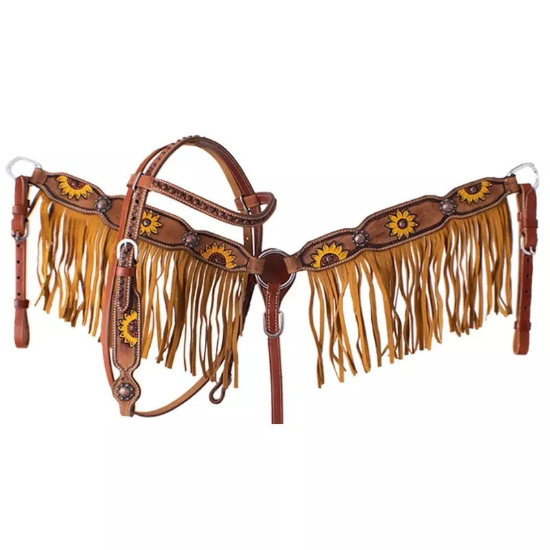 #7079: Showman PONY Hand painted sunflower headstall and breast collar set with fringe