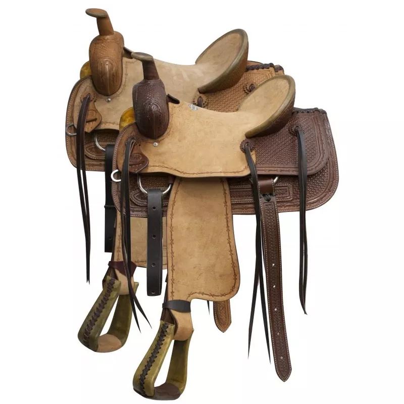 #9601016: 16" Blue River roper saddle rough out leather and basketweave tooling