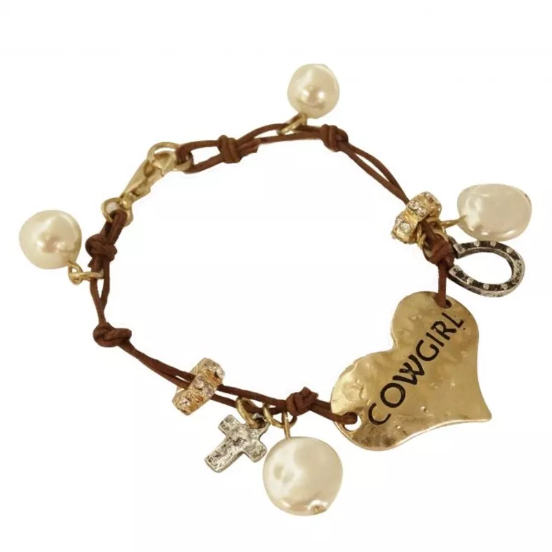 #9735B: " Cowgirl" gold heart bracelet with pearl charms