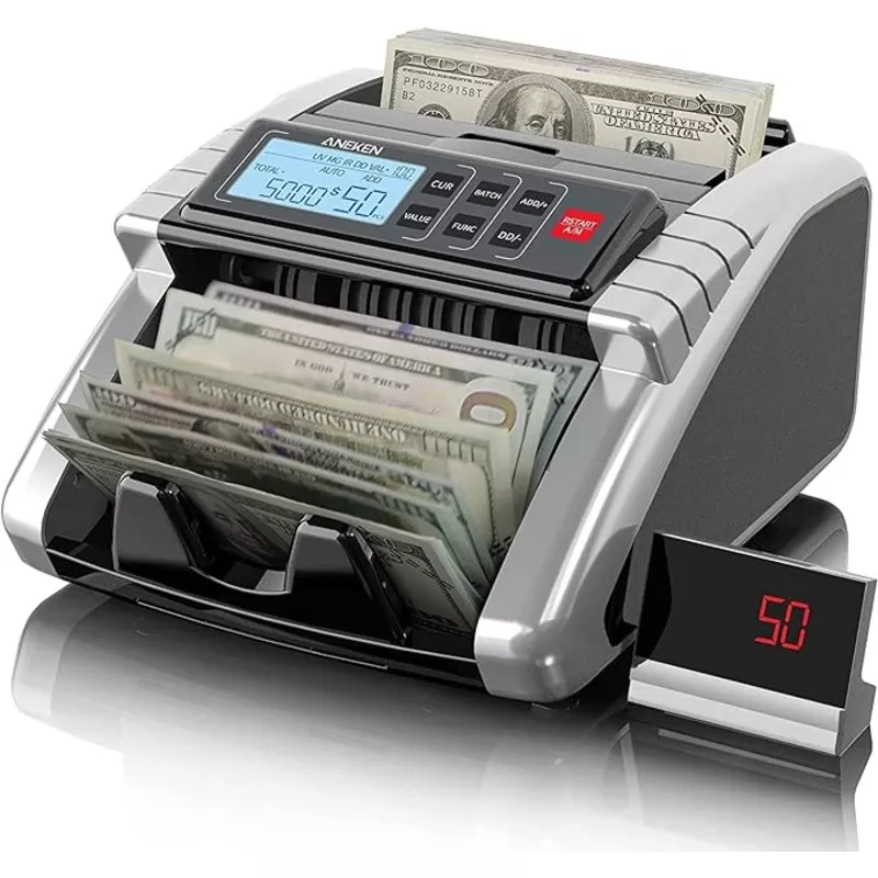 Aneken Money Counter Machine with Value Count, Dollar, Euro UV/MG/IR/DD/DBL/HLF/CHN Counterfeit Bill DetectorsAdd and Batch Modes, Cash Counter with LCD Display