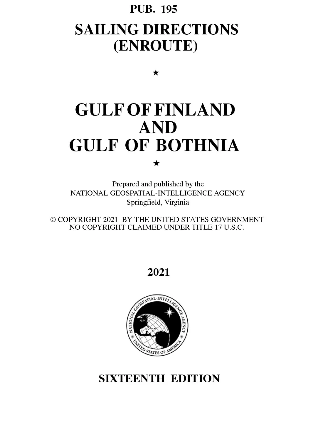 PUB 195 Sailing Directions Enroute: Gulf of Finland and Gulf of Bothnia (CURRENT EDITION) - Book