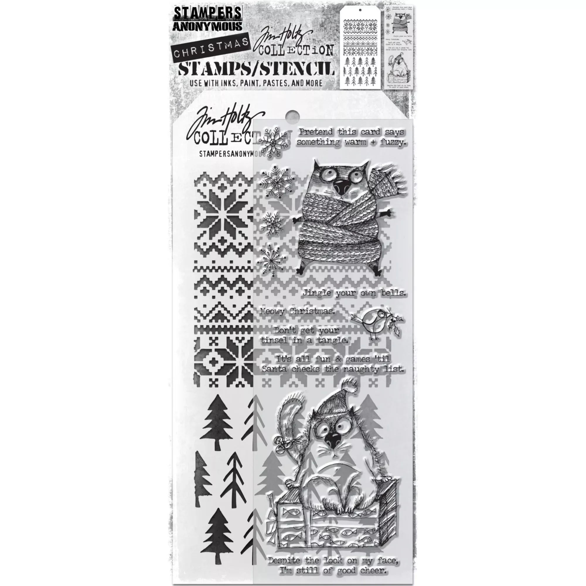 Tim Holtz Clear Stamps and Stencil Snarky Cat Christmas, Holiday Knit and Pines thmm134